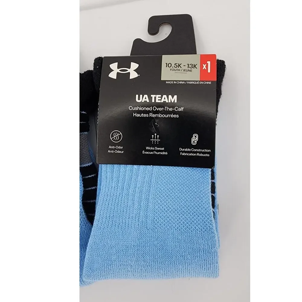 New NWT UA Under Armout Teams Cushioned Over the Calf Socks Blue Black 10.5K-13K